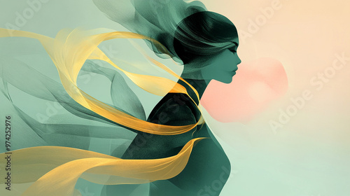 Elegant Abstract Depiction of a Young Woman with Bold Sweeping Lines and Translucent Shapes in Deep Emerald Green, Warm Gold, and Soft Pink