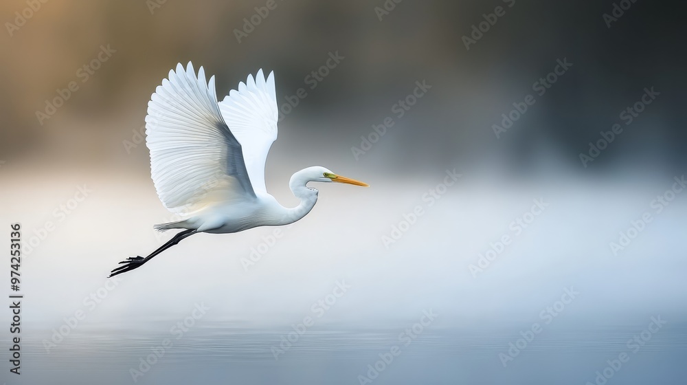 A white bird flies over tranquil water, its expansive wings mirrored in the surface A white bird flies over tranquil water, its expansive wings mirrored in the surface