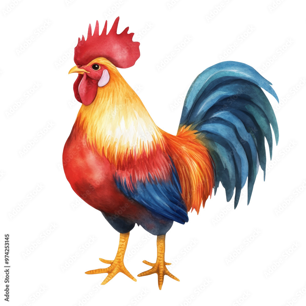 Fototapeta premium Vibrant and colorful rooster illustration, showcasing stunning feathers and a proud stance, perfect for farm and animal themes.