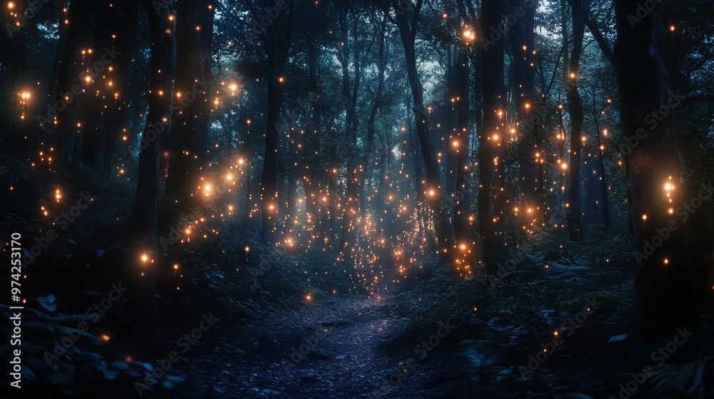 Glimmering lights twinkle in the dark, enchanting forest. Glimmering lights twinkle in the dark, enchanting forest.