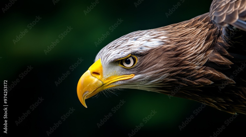 Obraz premium A tight shot of an eagle's head against a black backdrop, framed by a green, leafy expanse