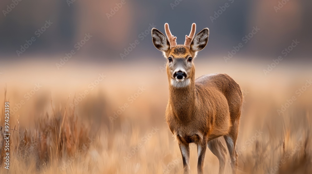 A deceaser in lush tall grass, hazy treeline backdrop ..Or:..A deer, tightly framed by tall grass, against ind A deceaser in lush tall grass, hazy treeline backdrop ..Or:..A deer, tightly framed by tall grass, against ind