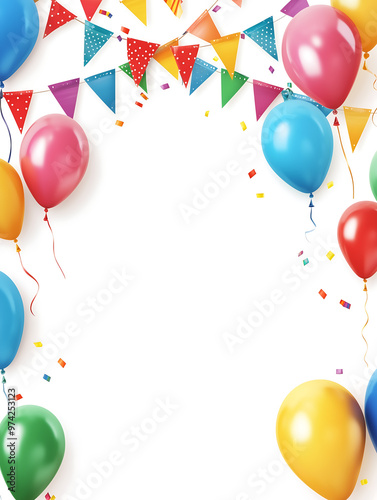 Colorful balloons and festive pennant flags frame a white background, vibrant party decoration scene