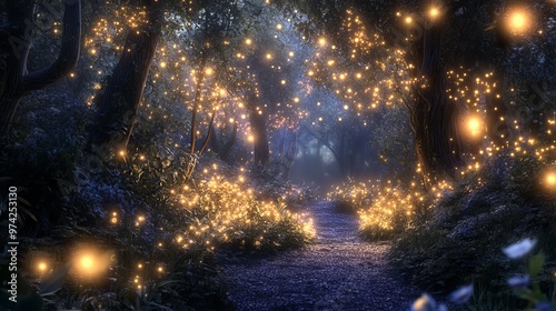 Glimmering lights twinkle in the dark, enchanting forest.