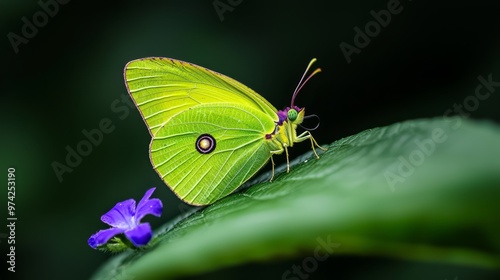  A yellow butterfly atop a green leaf Nearby, a purple flower blooms against more green leaves Green foliage surrounds them both