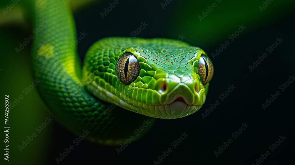 A tight shot of a green snake, its mouth agape and eyes wide, against a dark backdrop A tight shot of a green snake, its mouth agape and eyes wide, against a dark backdrop
