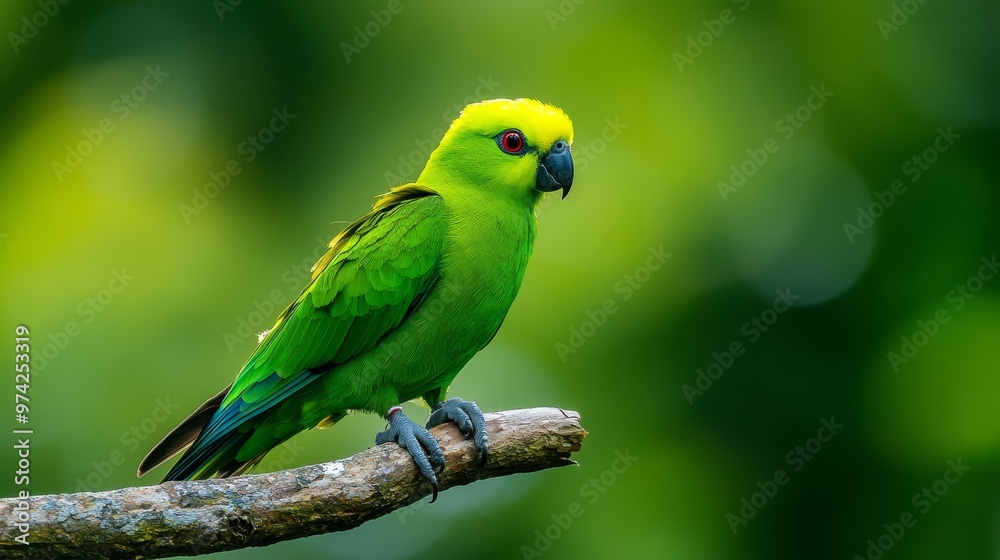 Fototapeta premium A green-yellow bird on a tree branch against a green foliage backdrop with a softly blurred background