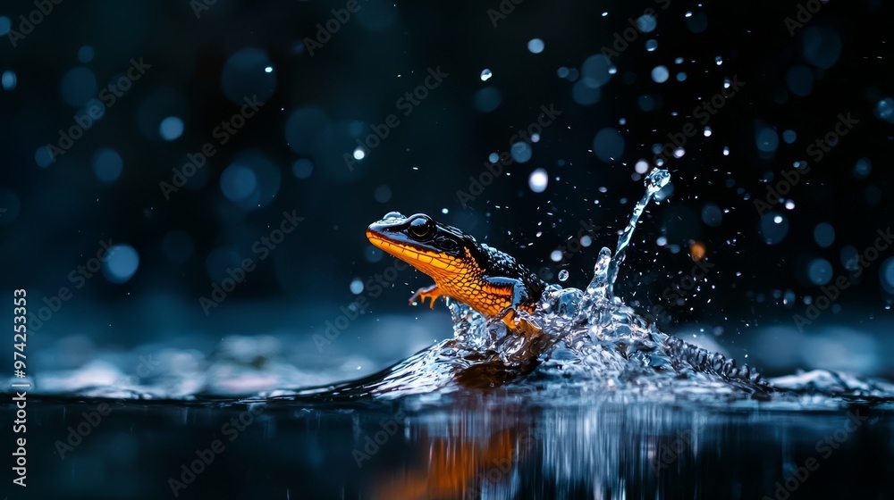 Fototapeta premium A tiny orange-black frog splashes water onto its back, head bobbing above the surface