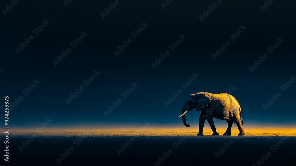 A solitary elephant in a field, dark sky backdrop, yellow foreground light A solitary elephant in a field, dark sky backdrop, yellow foreground light