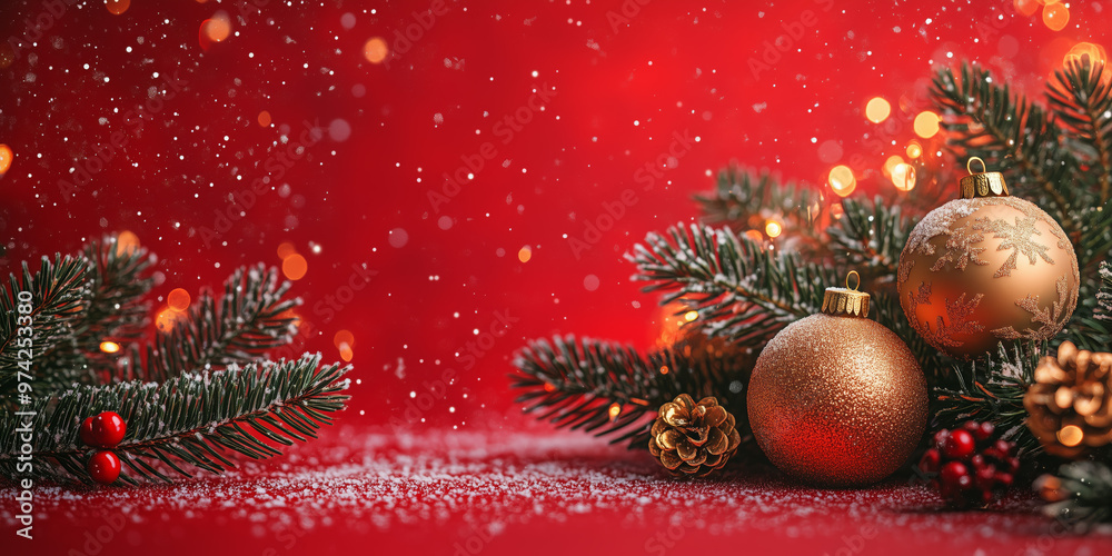 Gold Christmas balls on festive red background, falling snow, pine tree branches and pine cones Gold Christmas balls on festive red background, falling snow, pine tree branches and pine cones