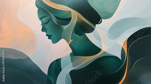 Elegant Abstract Depiction of a Young Woman with Bold Sweeping Lines and Translucent Shapes in Deep Emerald Green, Warm Gold, and Soft Pink