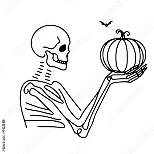 The skeleton holds a pumpkin in his palm, over which a small bat flies. Simple stylized line suitable for decoration, linear vector drawing