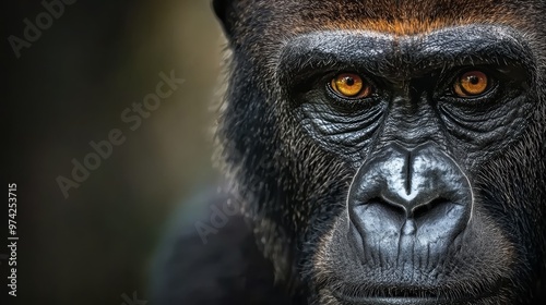  A monkey's face in close-up, with intense gaze and yellow eyes