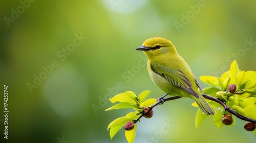  A small yellow bird sits on a branch, surrounded by green leaves in the foreground Background is softly blurred