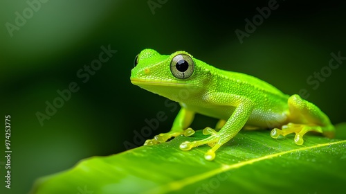  A tight shot of a frog atop a green leaf against a softly blurred backdrop of intermingling foliage