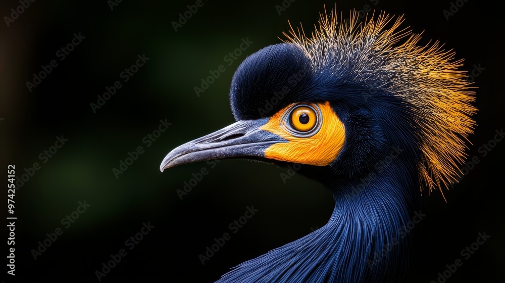 Fototapeta premium A tight shot of a blue bird with a vibrant yellow beak against a dark backdrop of towering trees