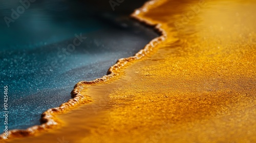  A detailed shot of a wave approaching the blue-tinted shoreline, where sand meets the yellow sea