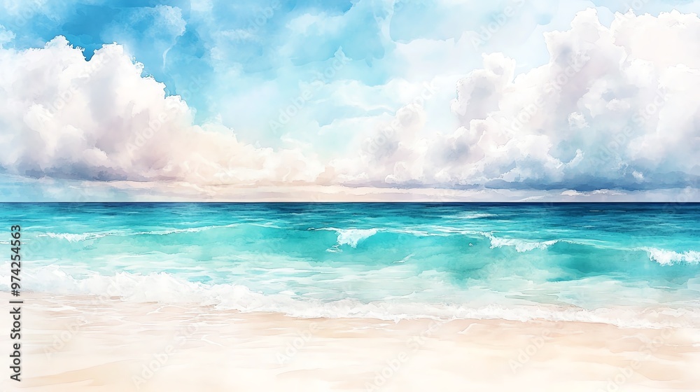 Watercolor landscape of a white sandy beach Watercolor landscape of a white sandy beach