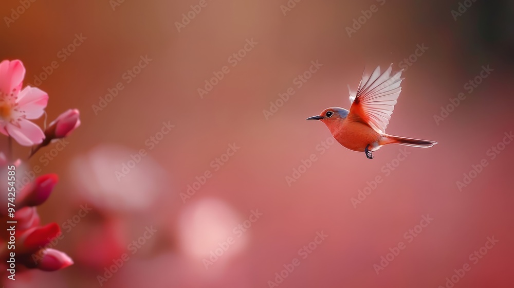 Obraz premium A tiny red bird flies beside a cluster of pink blooms against a pink-red backdrop; foreground features a blurred avian silhouette