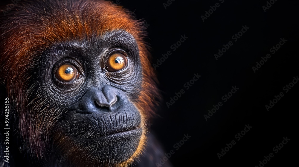 Close-up of a monkey's intense face against a black backdrop Close-up of a monkey's intense face against a black backdrop