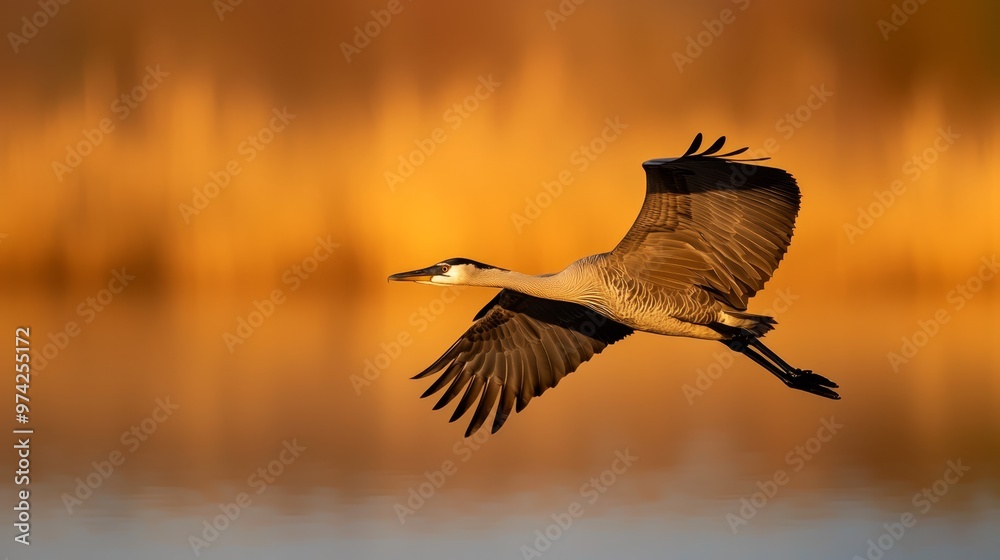 Obraz premium Bird soaring over water, trees in backdrop, sunlit yellow sky ahead