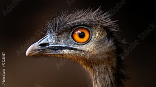  A tight shot of an ostrich's face reveals an orange eye in the eyas of its skull photo