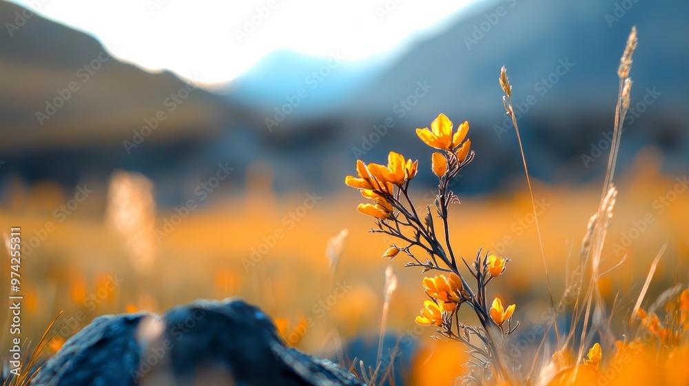 Obraz premium A tight shot of a plant boasting yellow blooms in the foreground against a backdrop of towering mountain ranges
