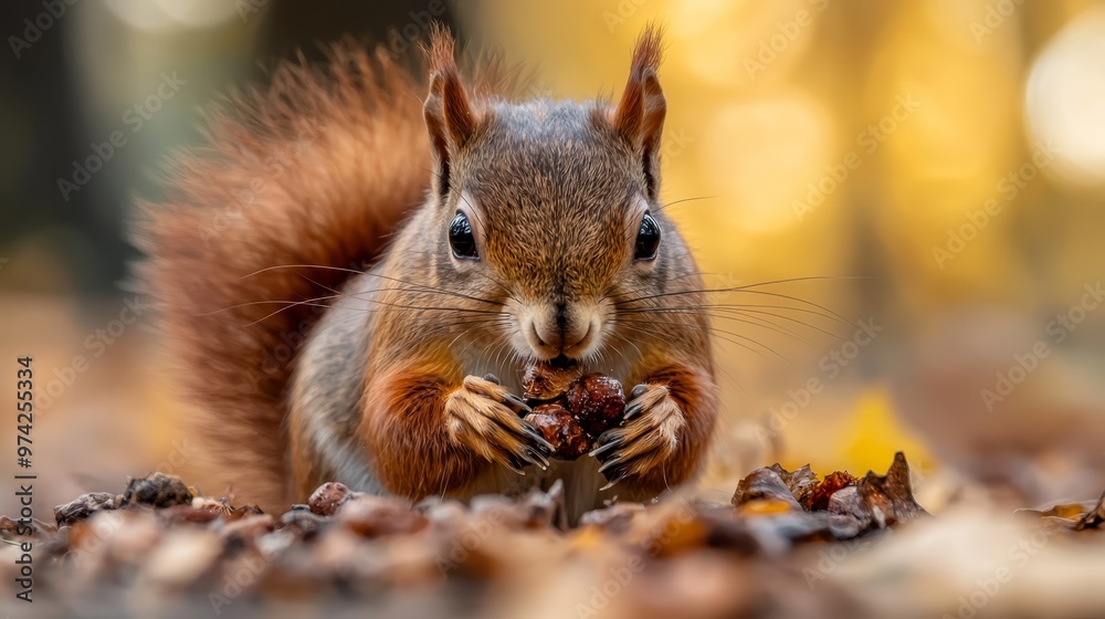 A tight shot of a squirrel nibbling on a morsel atop a leafy mound A tight shot of a squirrel nibbling on a morsel atop a leafy mound