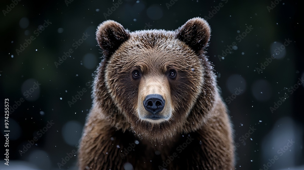 A brown bear up close, snowfall dripping from its furred visage, amidst a backdrop of a forest ..Or, for a more A brown bear up close, snowfall dripping from its furred visage, amidst a backdrop of a forest ..Or, for a more