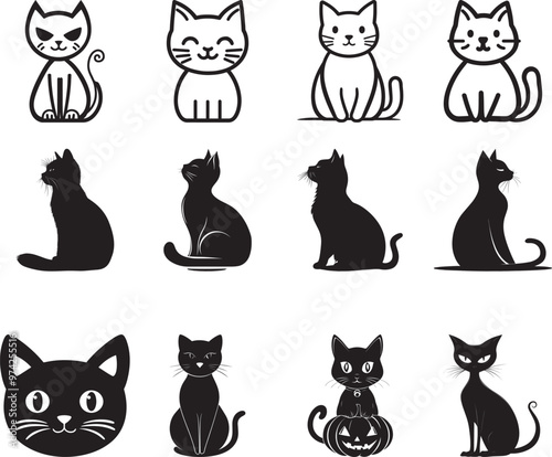 Collection of Halloween Cat vector linear black