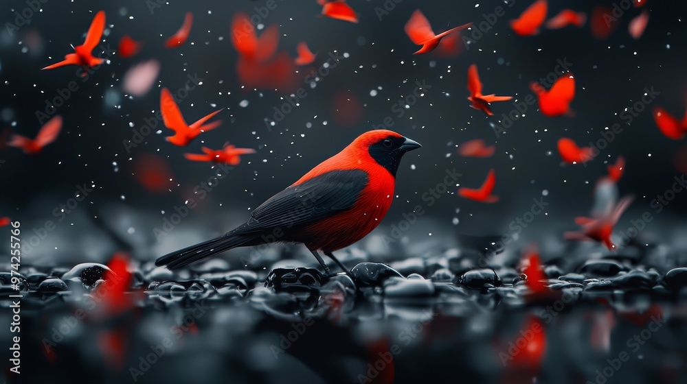 A red-and-black bird perches on a rock near a waterbody teeming with red butterflies A red-and-black bird perches on a rock near a waterbody teeming with red butterflies