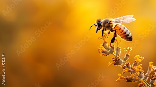  A tight shot of a bee hovering over a plant boasting yellow blooms Background softly out of focus