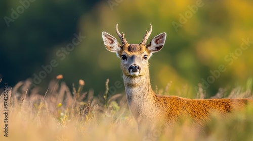  A deceiredly near shot of a deer in a meadow of towering grass, encompassed by a hazy backdrop of trees and underbrush