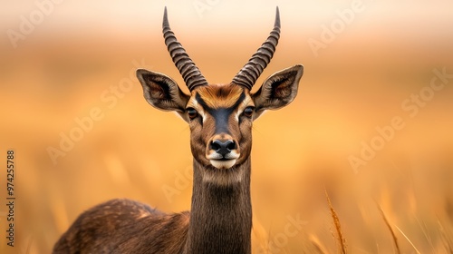  A gazelle with elongated horns grazes in a sea of towering grasses Background hazy