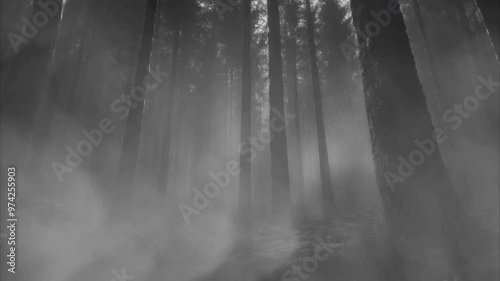 A black and white misty forest with tall trees and dense fog seamless looping 4k time-lapse video background