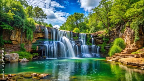 Spectacular 77-foot waterfall cascades into a tranquil natural pool surrounded by lush greenery and dense forest in a
