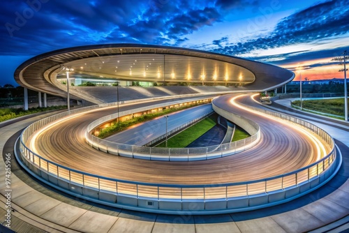 Spectacular nighttime view of a futuristic, curved, and illuminated cycling track surrounded by grandstands,