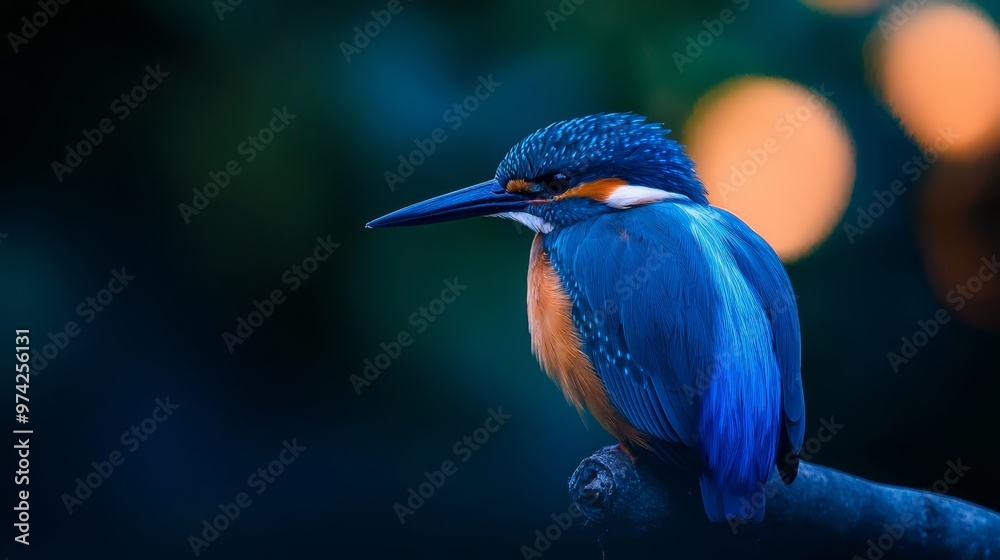 Fototapeta premium A blue and orange bird sits on a branch against a backdrop of softly blurred lights