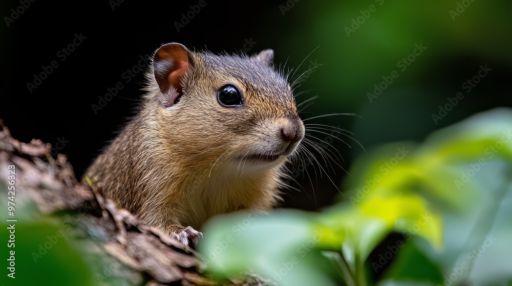A tight shot of a rodent on a tree branch, surrounded by foreground leaves, and a background softly out of focus A tight shot of a rodent on a tree branch, surrounded by foreground leaves, and a background softly out of focus