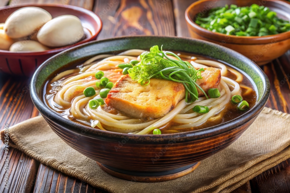 Steaming hot bowl of Japanese ramen noodles topped with sliced fish cake, green onions, and bean sprouts, served Steaming hot bowl of Japanese ramen noodles topped with sliced fish cake, green onions, and bean sprouts, served