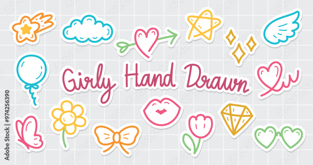 cute girly hand drawn graphic element vector set with white outline