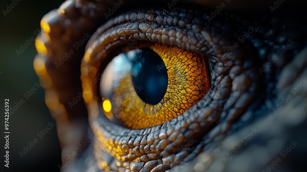 Fototapeta premium A detailed shot of an animal's eye, displaying vibrant yellow and blue irises