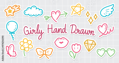 cute girly hand drawn graphic element vector set with white outline