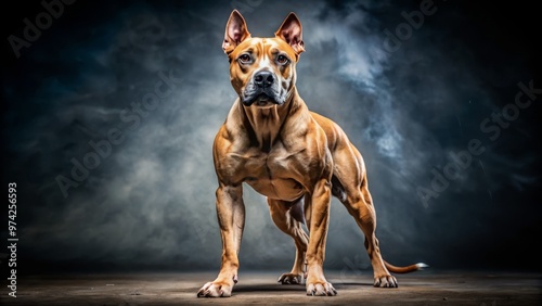 Strong and agile canine with defined muscles flexes legs and poses confidently, showcasing athletic build and energetic photo