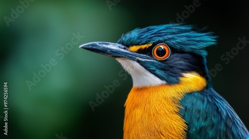  A brightly colored bird against a black background with a blurry, green foreground