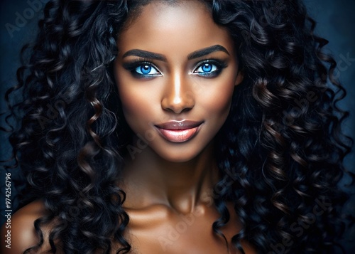 Stunning portrait of a young woman with vibrant blue eyes and luscious, curly black hair cascading down her