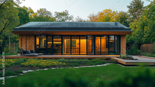 Eco-friendly housing with solar panels on the roof, promoting sustainable energy solutions.

