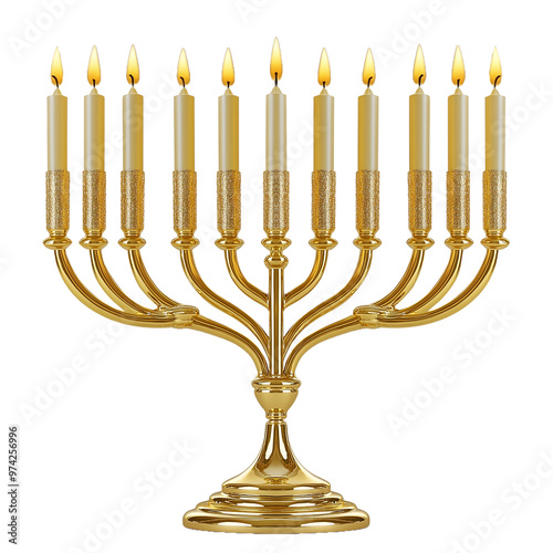 Golden Hanukkah menorah with nine lit candles, isolated on a transparent background, symbolizing Jewish religious traditions and holiday celebrations
