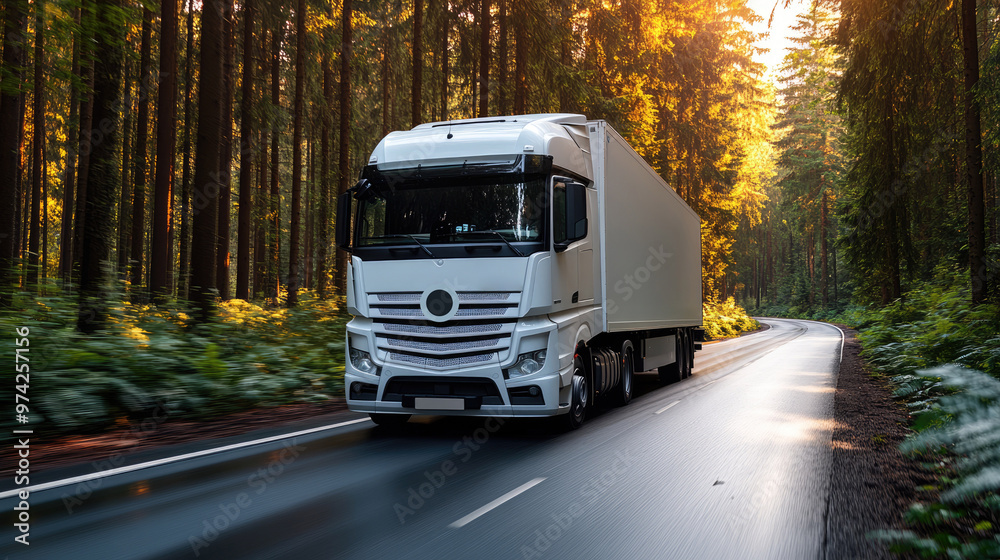 The image shows a white truck in motion on a road, with green leaves flying ahead of it, with green plants and trees providing a scenic backdrop. The image shows a white truck in motion on a road, with green leaves flying ahead of it, with green plants and trees providing a scenic backdrop.