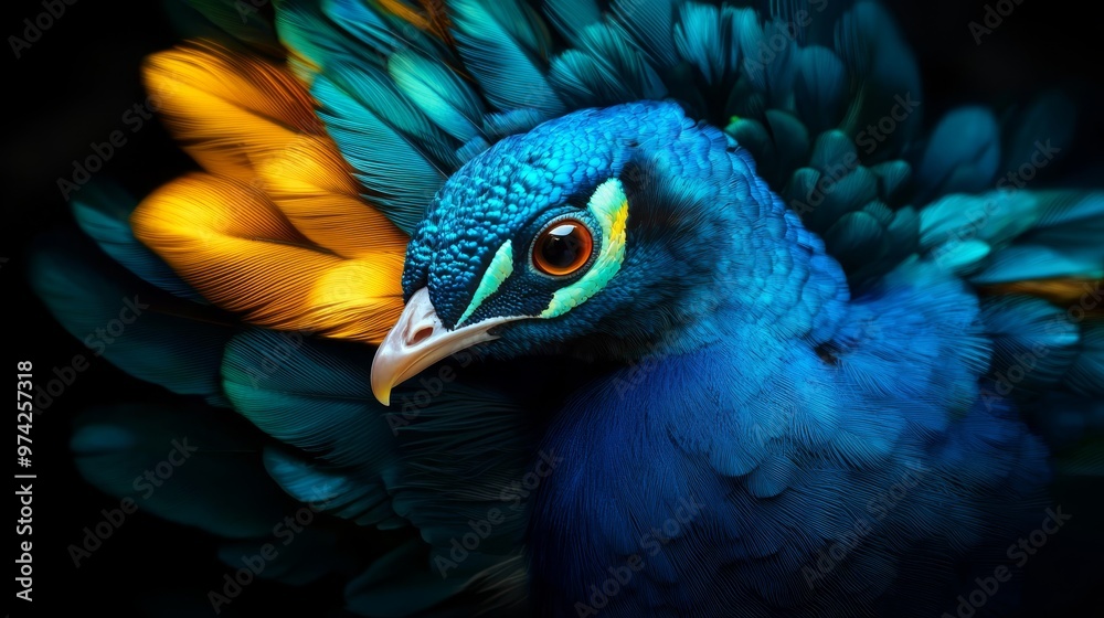 Fototapeta premium A blue-and-yellow bird in focus, its back adorned with feathers, against a black backdrop